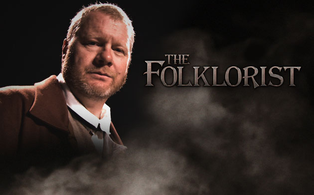 A still image from the Folklorist program with man staring at the camera, the background is black and The Folklorist is written on the right.