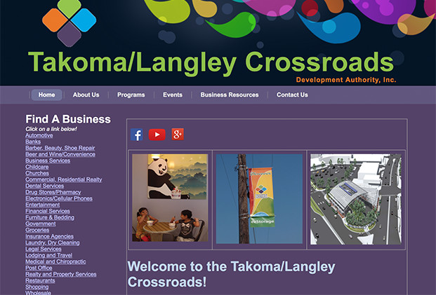 A screenshot of Takoma/Langley Crossroads website with the words Find A Business on the left and photos on the right.