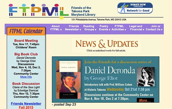 A screenshot of the News & Updates page of the Friends of Takoma Park Maryland Library.
