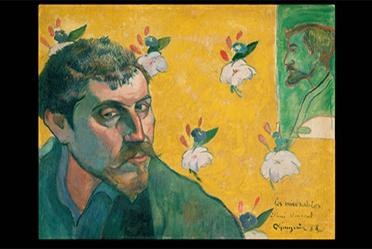 Paul Gauguin's Les Miserables painting, a self portrait with a yellow background with flowers.