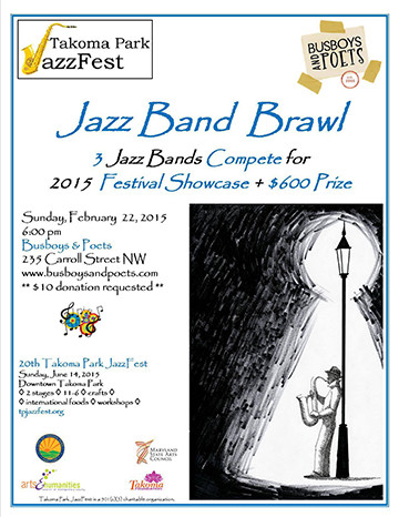 A poster advertising the Jazz Brand Brawl in 2015. There is black and white artwork in the corner depicting a musician.