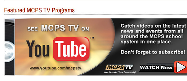 A screenshot of an announcement to encourage people to view and subscribe to MCPS TV on YouTube.