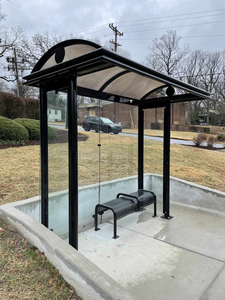 New, glass-sided bus shelter at Maple Ave & Grant Ave. 