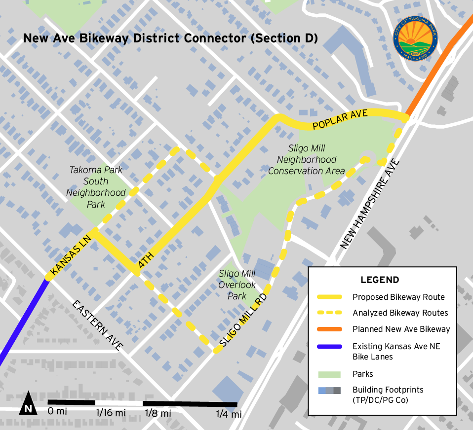 Route selection map for the New Ave Bikeway District Connector (Section D)